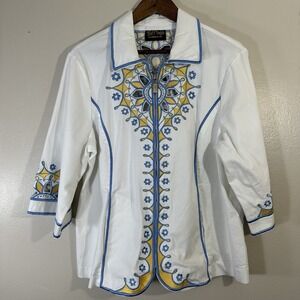 Bob Mackie Women's 1X Wearable Art Embroidered Cutout Jacket White Full Zip